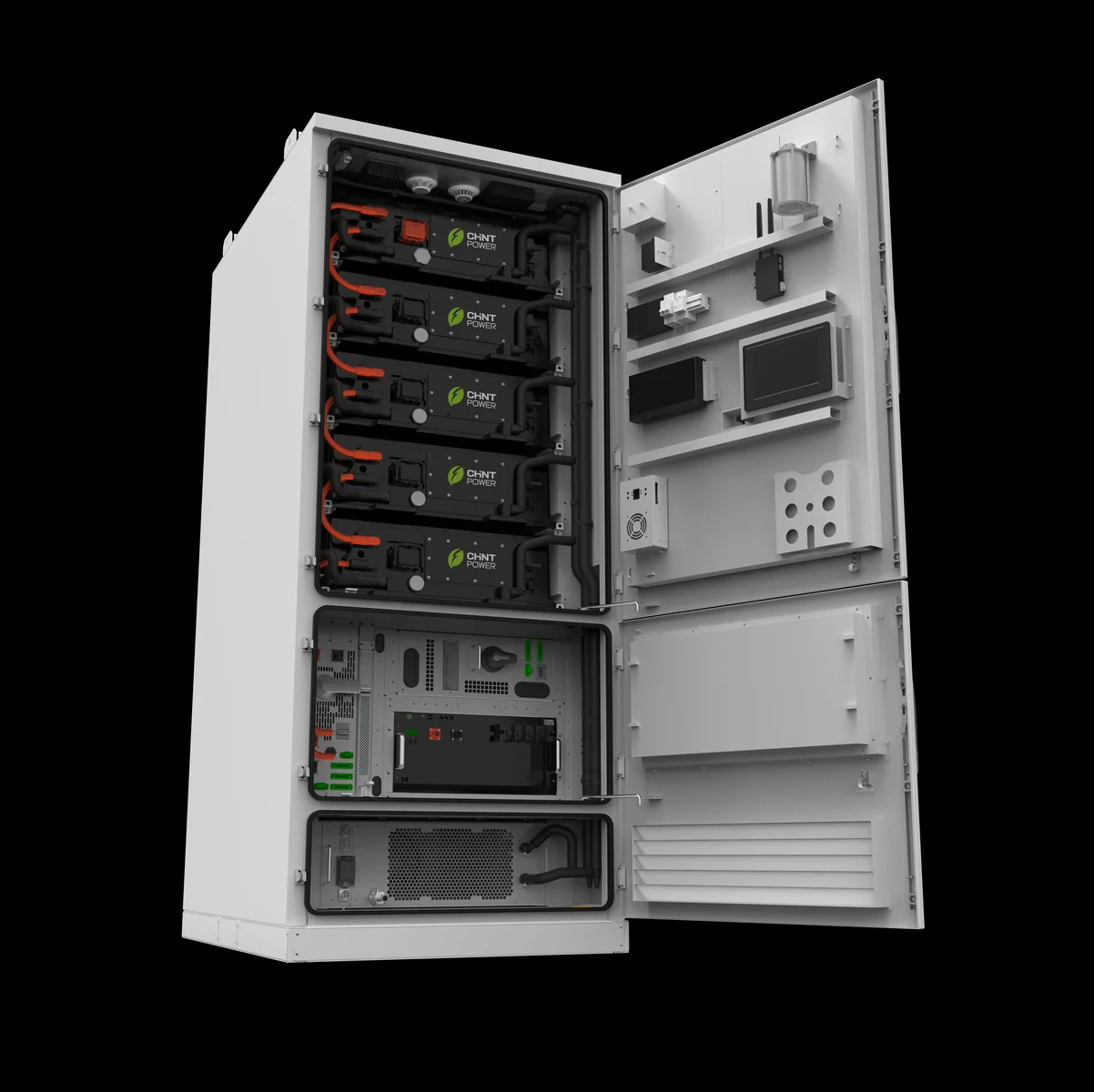 Gabinete CHINT POWER aberto, mostrando módulos de bateria, PCS e controles.