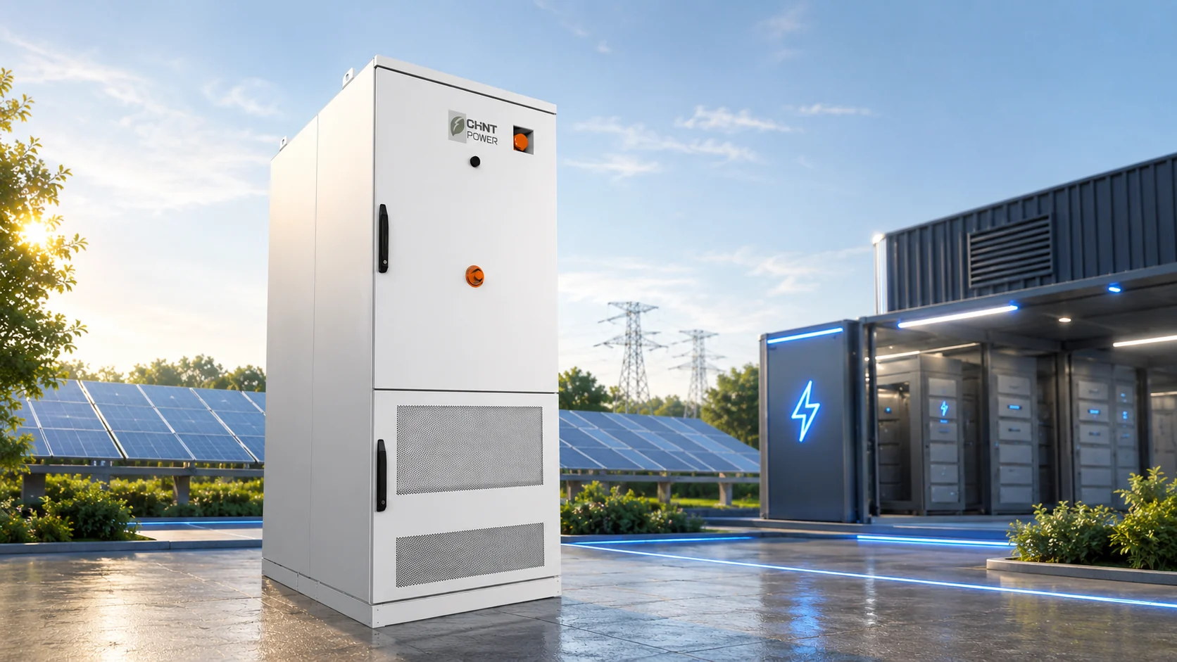 Gabinete BESS CHINT POWER instalado em área externa ao lado de um sistema fotovoltaico.
